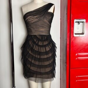 BCBGMaxAzria Black and Tan One-Shoulder Mini Dress